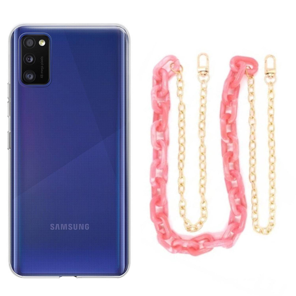 Capa cristal com cordão corrente rosa para Samsung Galaxy A41