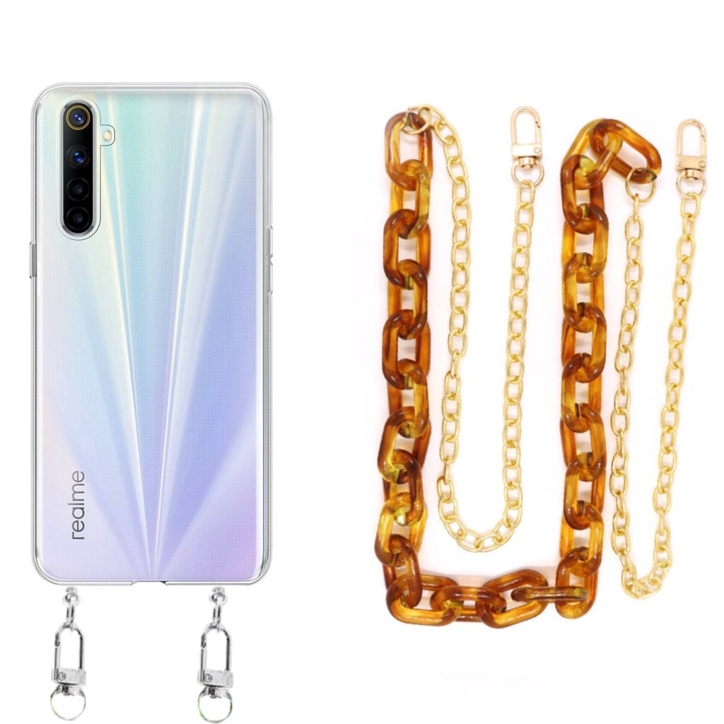 Capa cristal com cordão corrente castanho para Realme 6