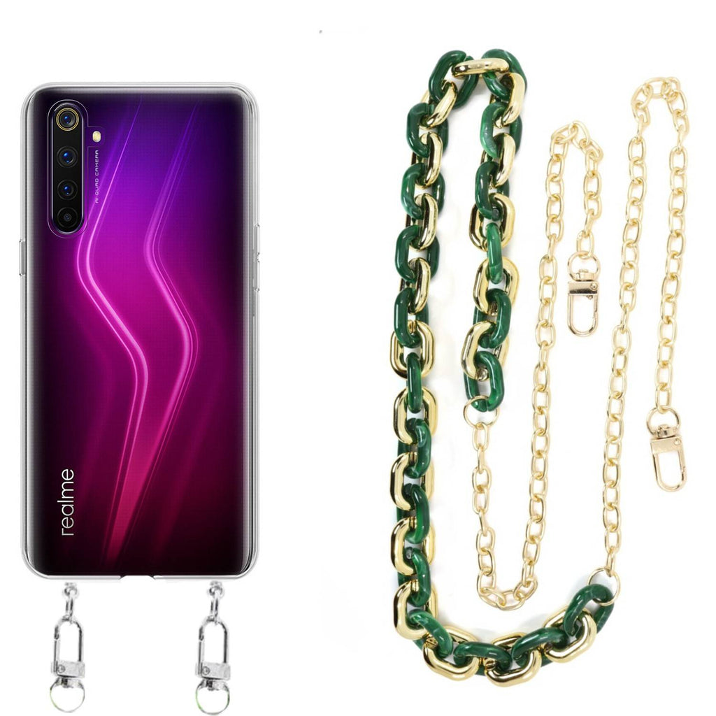 Capa cristal com cordão corrente verde para Realme 6 Pro