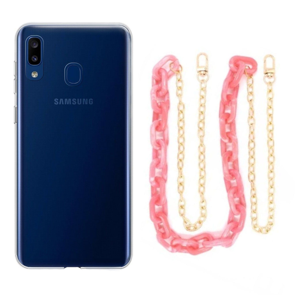 Capa cristal com cordão corrente rosa para Samsung Galaxy A20