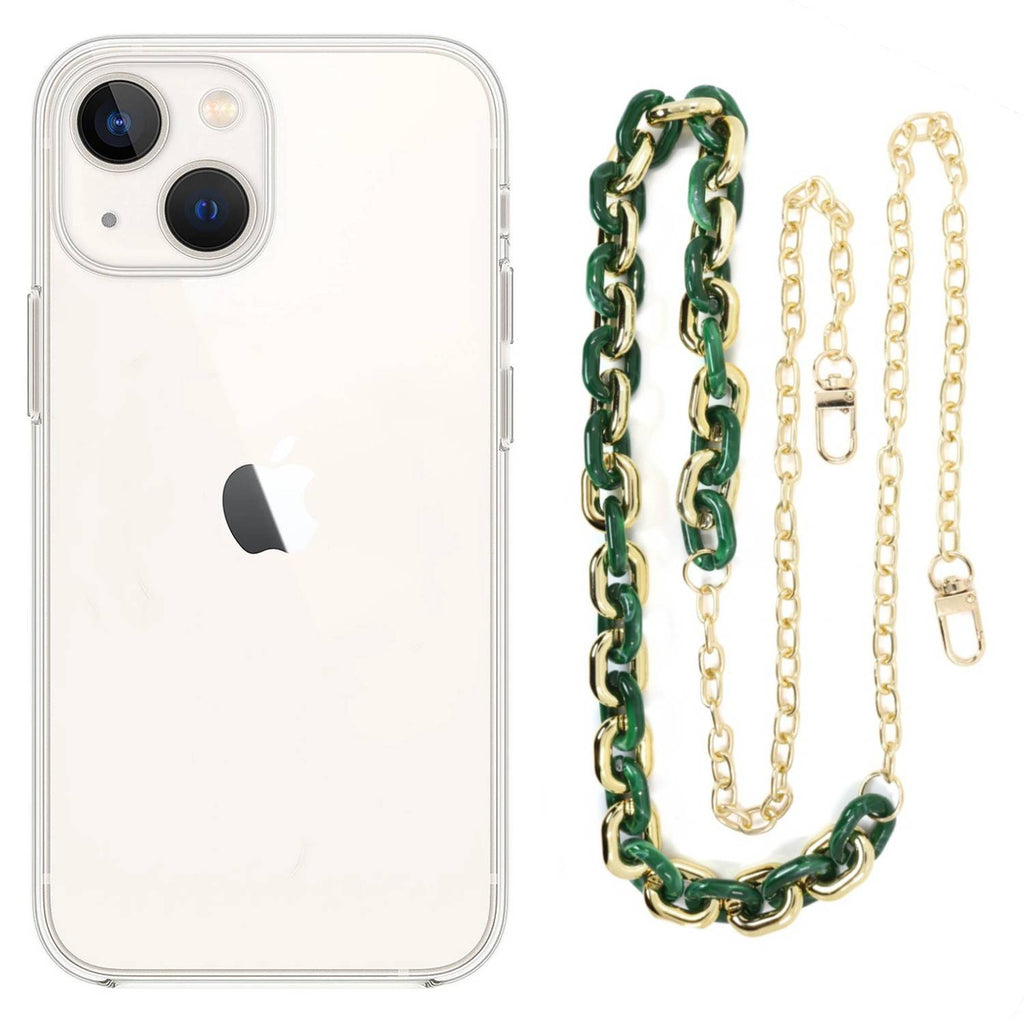 Capa cristal com cordão corrente verde para iPhone 14 Plus