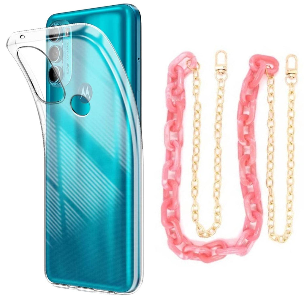 Capa cristal com cordão corrente rosa para Motorola Moto G71 5G