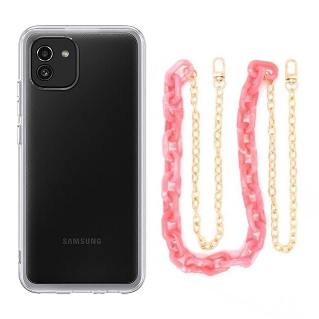 Capa cristal com cordão corrente rosa para Samsung Galaxy A03