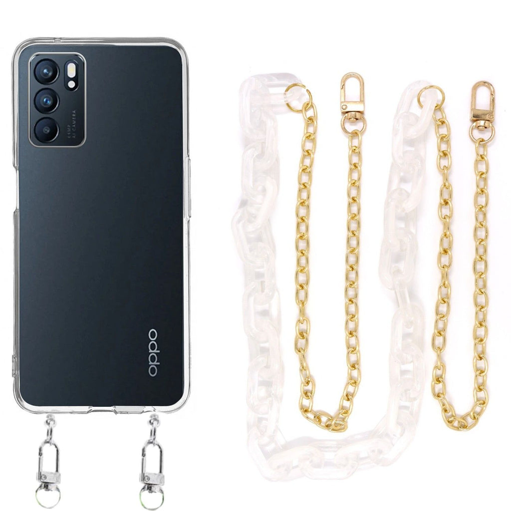 Capa cristal com cordão corrente branco para Oppo Reno 6 5G