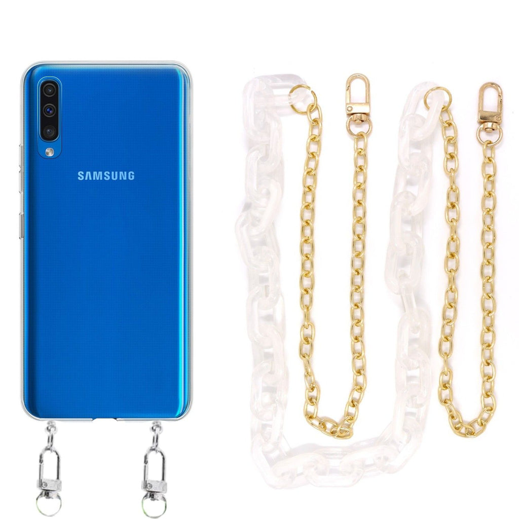 Capa cristal com cordão corrente branco para Samsung Galaxy A50