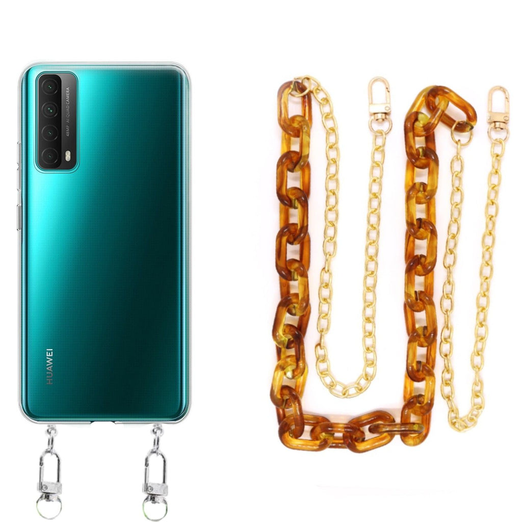 Capa cristal com cordão corrente castanho para Huawei P Smart 2021