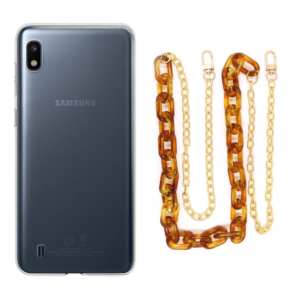 Capa cristal com cordão corrente castanho para Samsung Galaxy A10