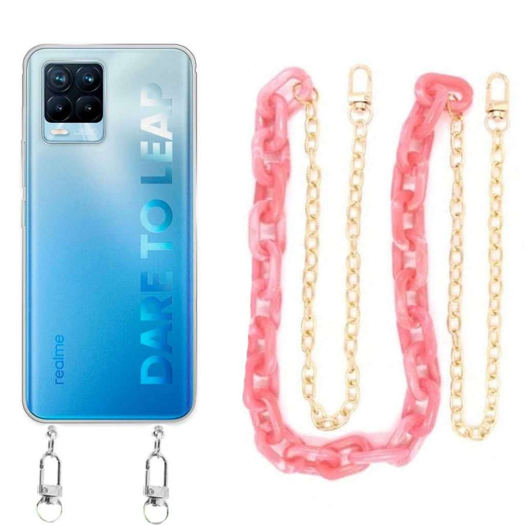 Capa cristal com cordão corrente rosa para Realme 8 Pro