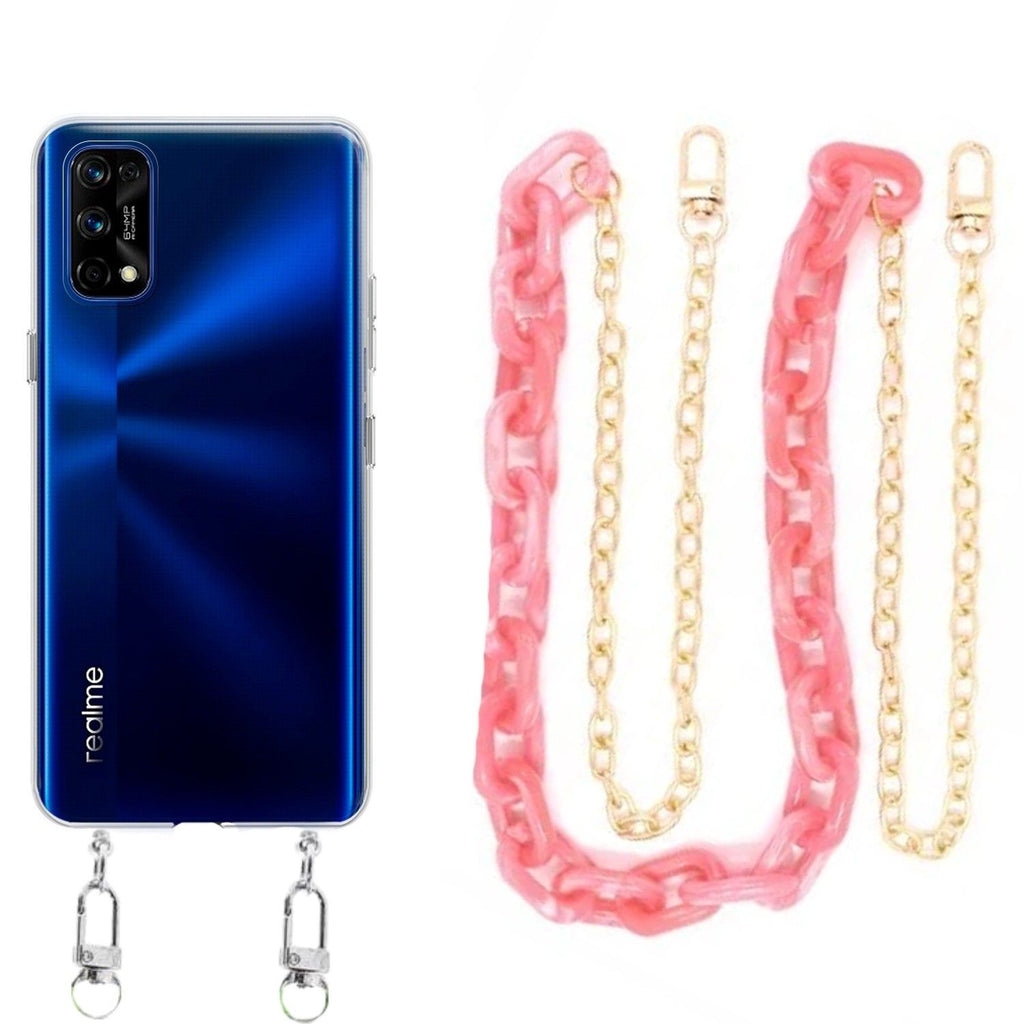 Capa cristal com cordão corrente rosa para Realme 7 Pro