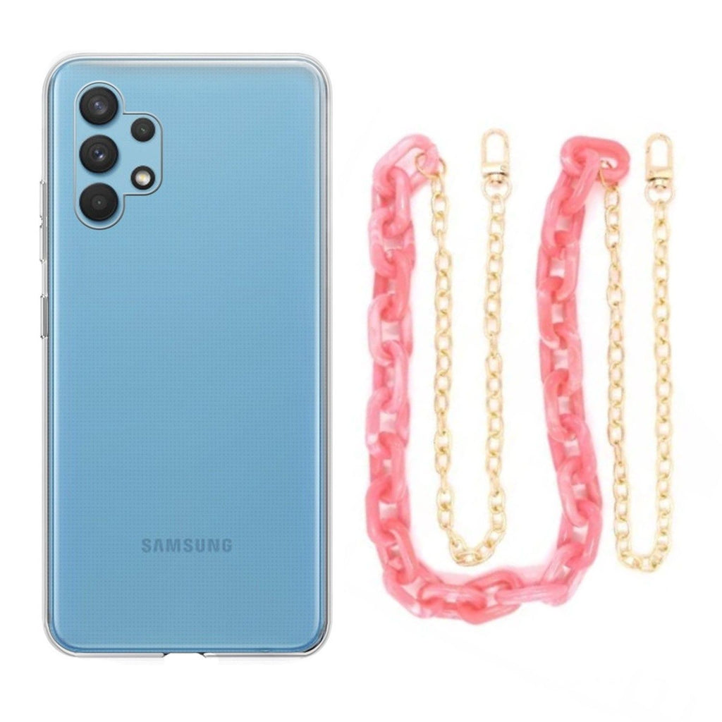 Capa cristal com cordão corrente rosa para Samsung Galaxy A22 4G