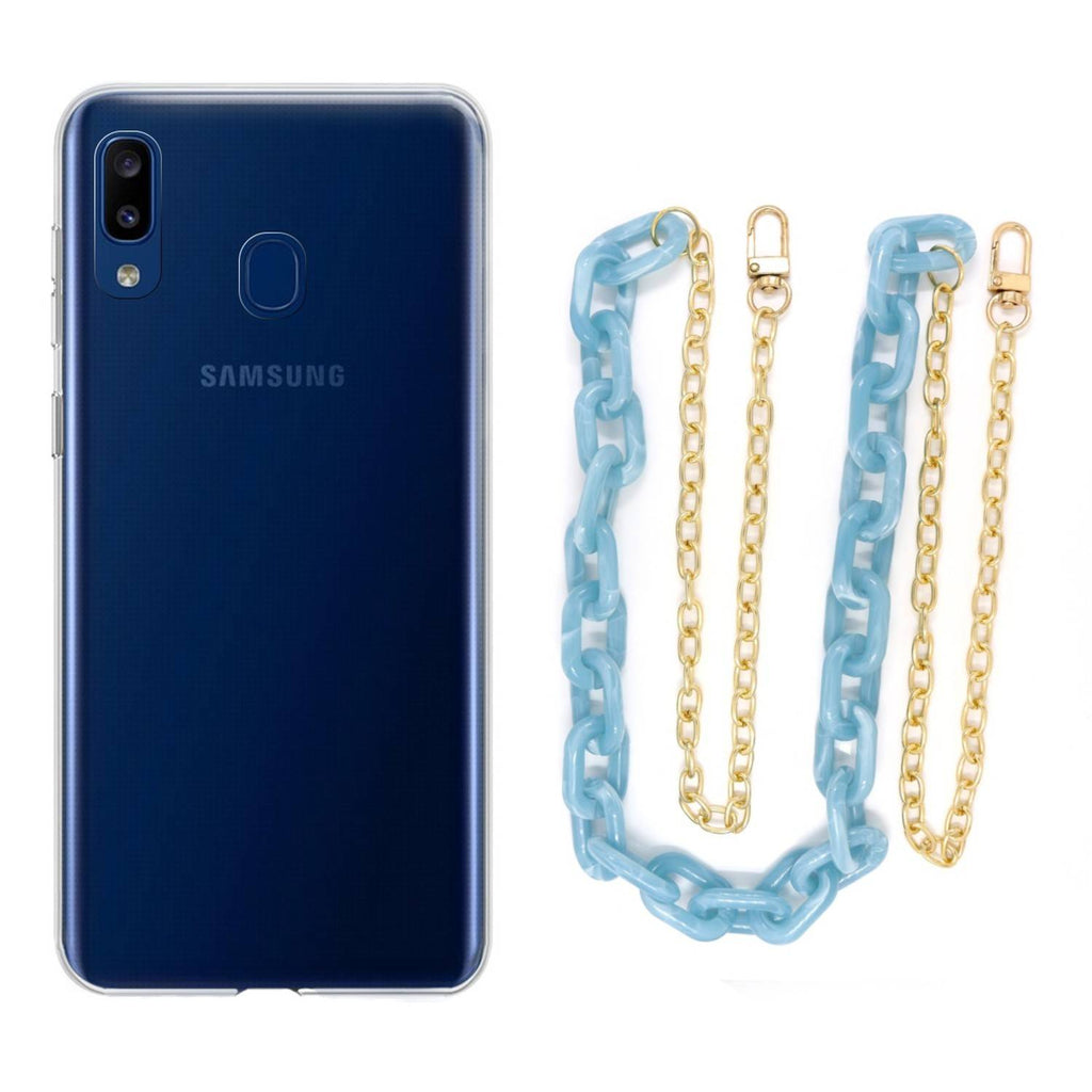 Capa cristal com cordão corrente azul para Samsung Galaxy A20