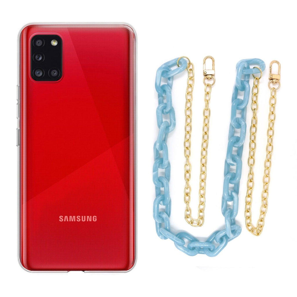 Capa cristal com cordão corrente azul para Samsung Galaxy A31