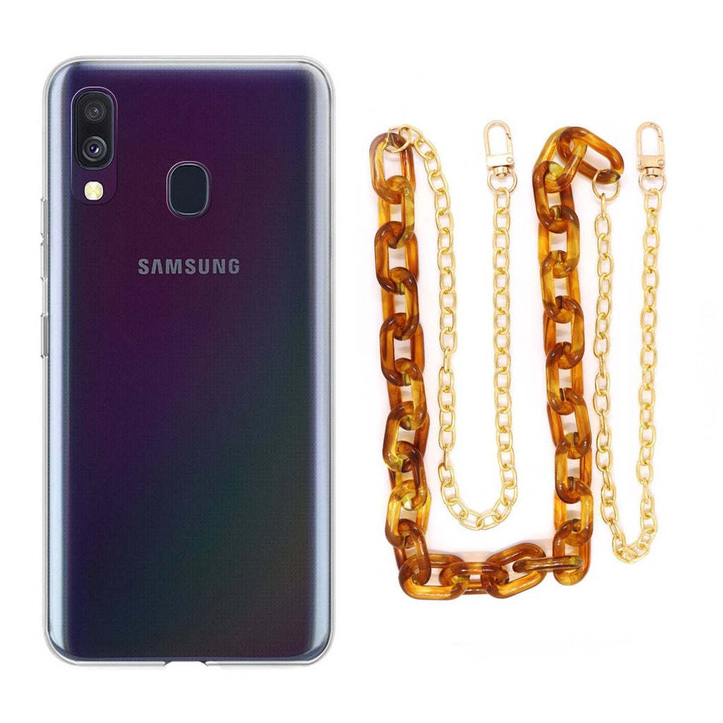 Capa cristal com cordão corrente castanho para Samsung Galaxy A40