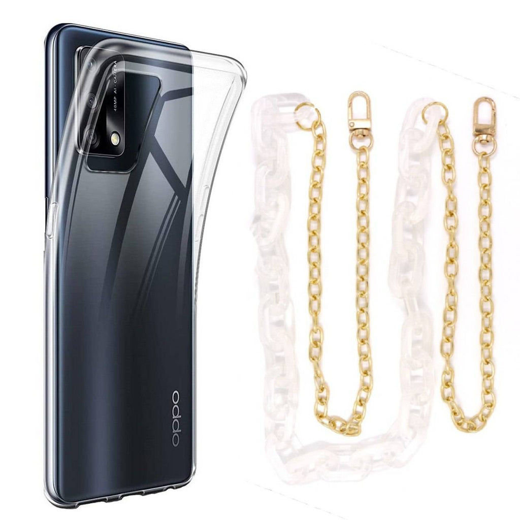 Capa cristal com cordão corrente branco para Oppo A74