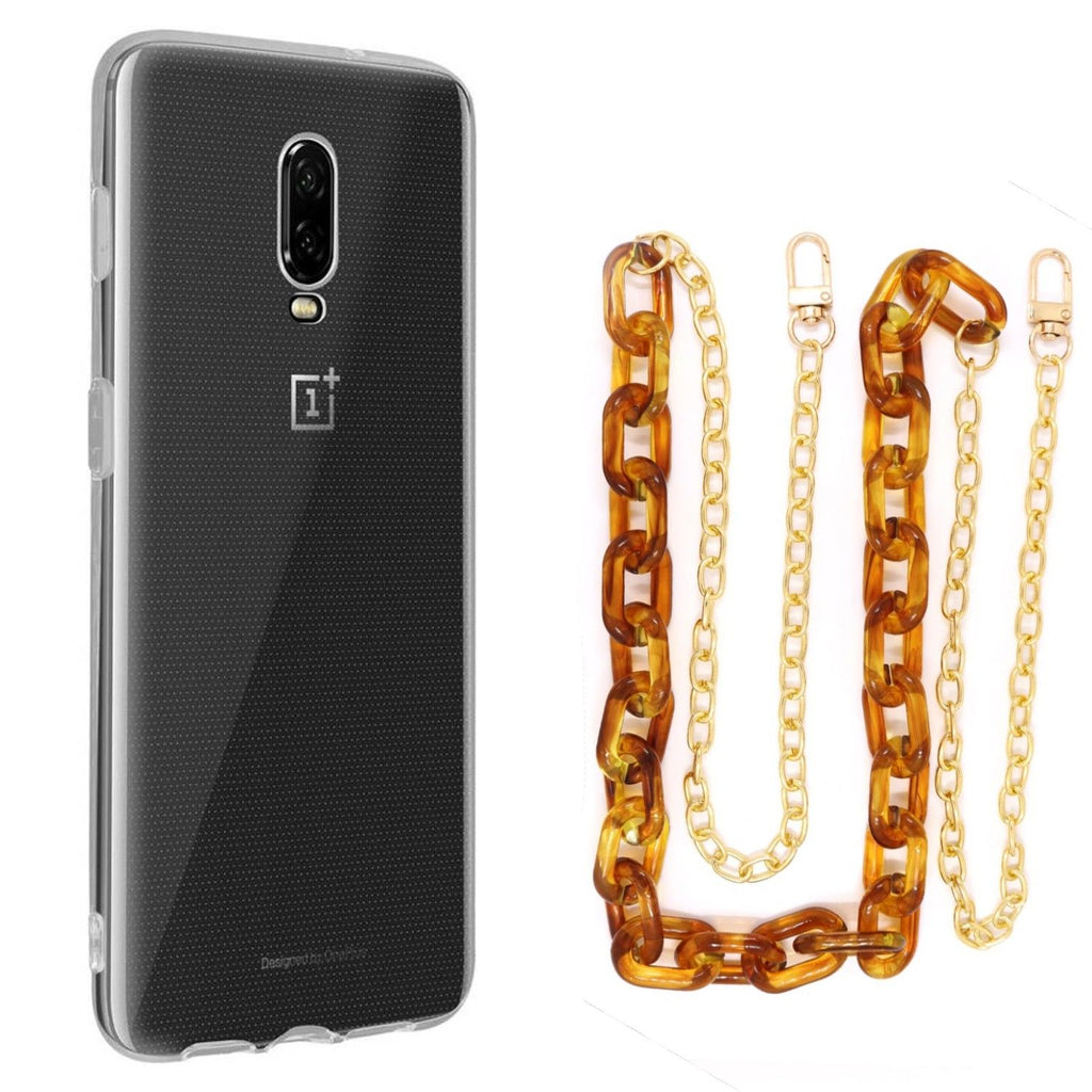 Capa cristal com cordão corrente castanho para Oneplus 6T