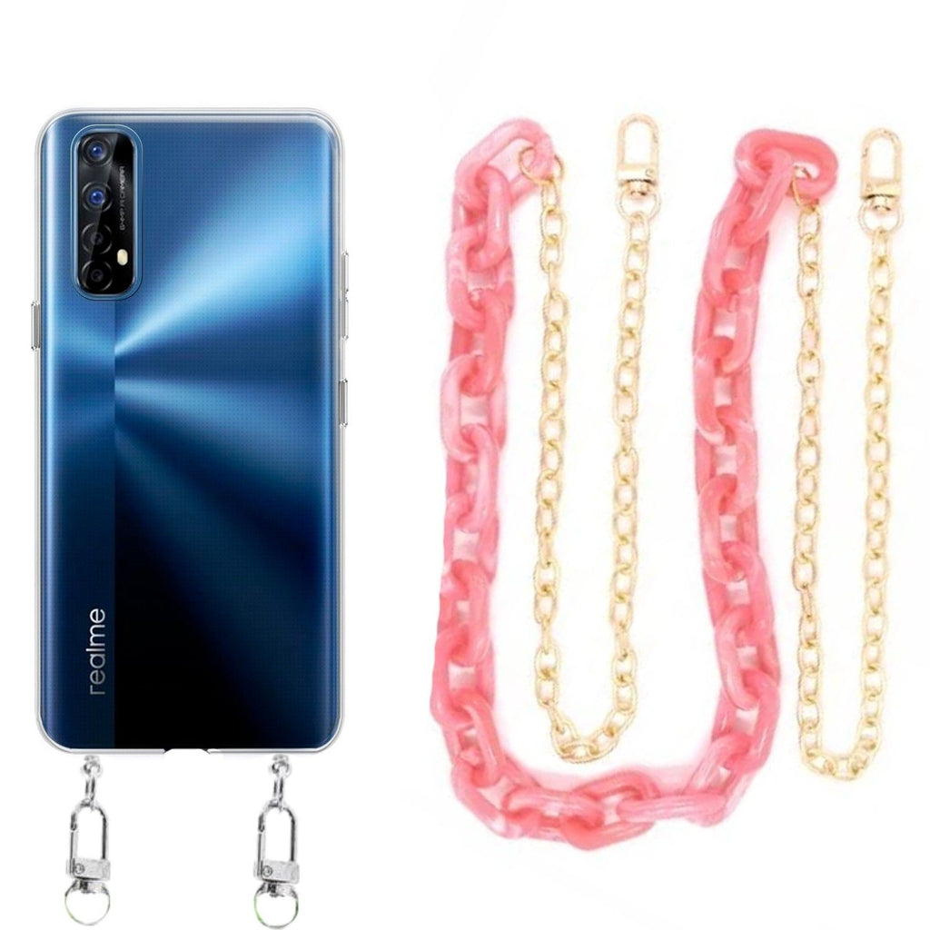 Capa cristal com cordão corrente rosa para Realme 7