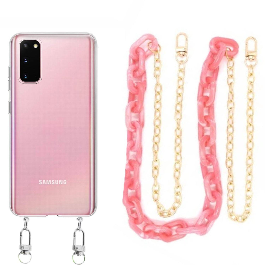 Capa cristal com cordão corrente rosa para Samsung Galaxy S20 5G