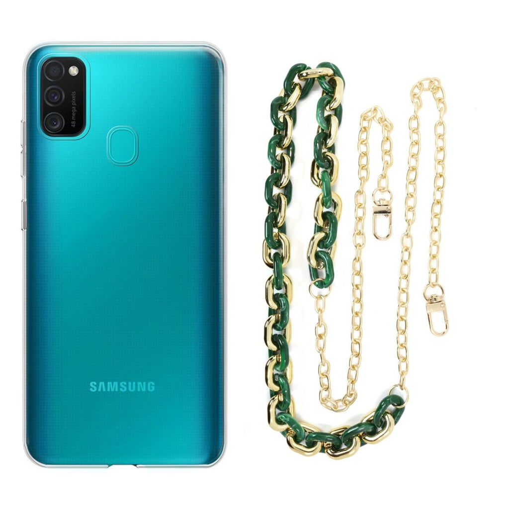 Capa cristal com cordão corrente verde para Samsung Galaxy M21