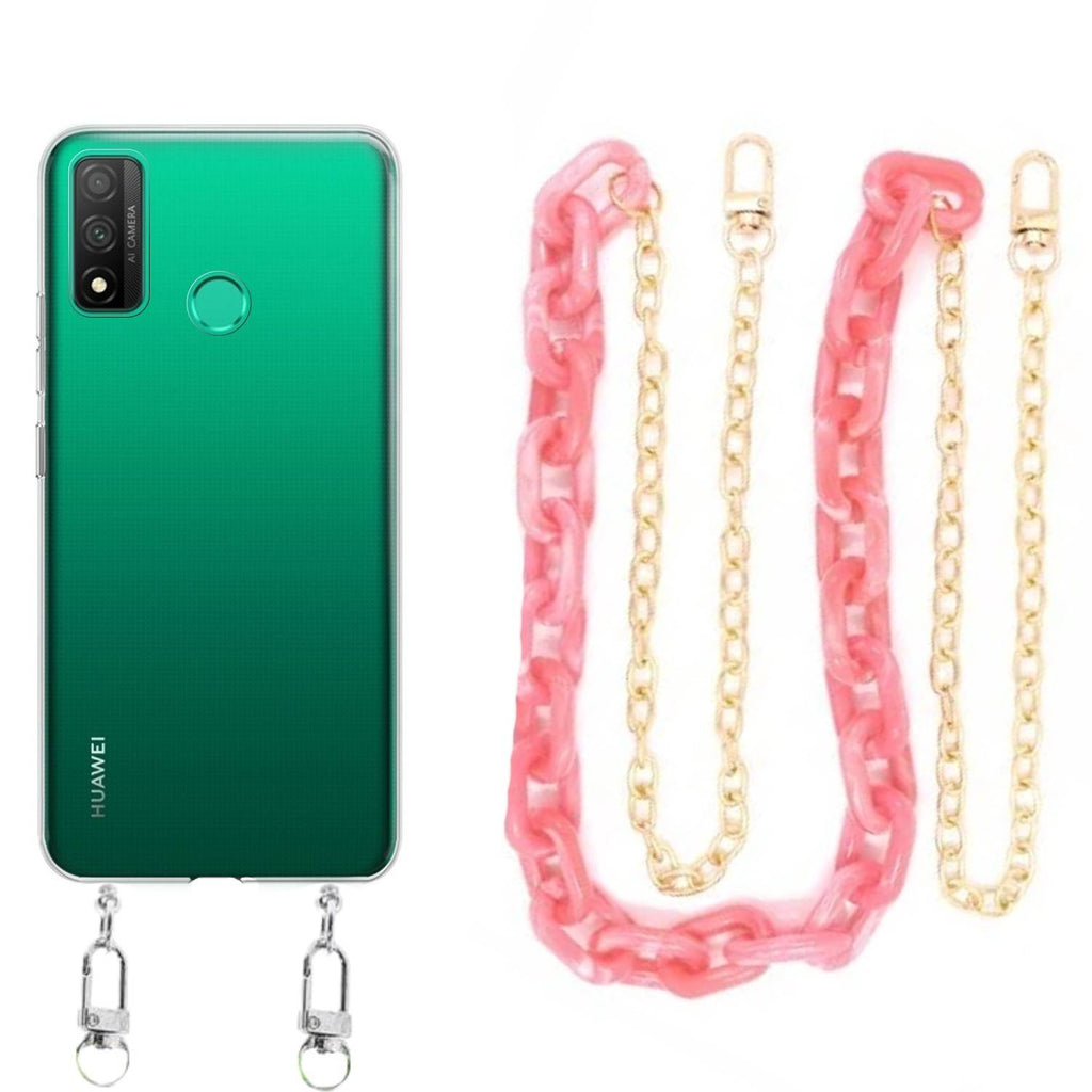 Capa cristal com cordão corrente rosa para Huawei P Smart 2020