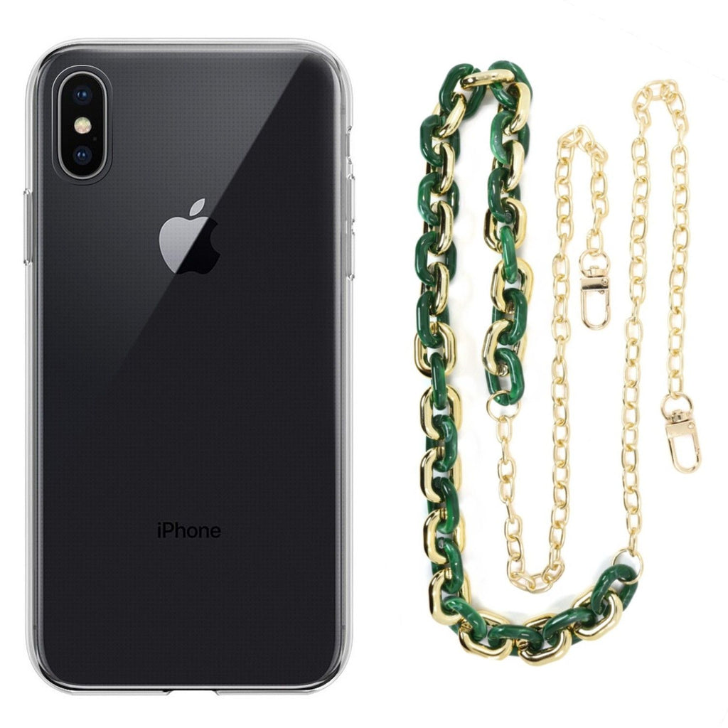 Capa cristal com cordão corrente verde para iPhone X