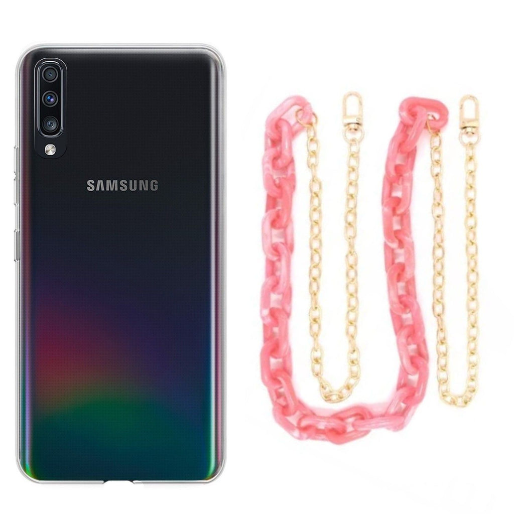 Capa cristal com cordão corrente rosa para Samsung Galaxy A70