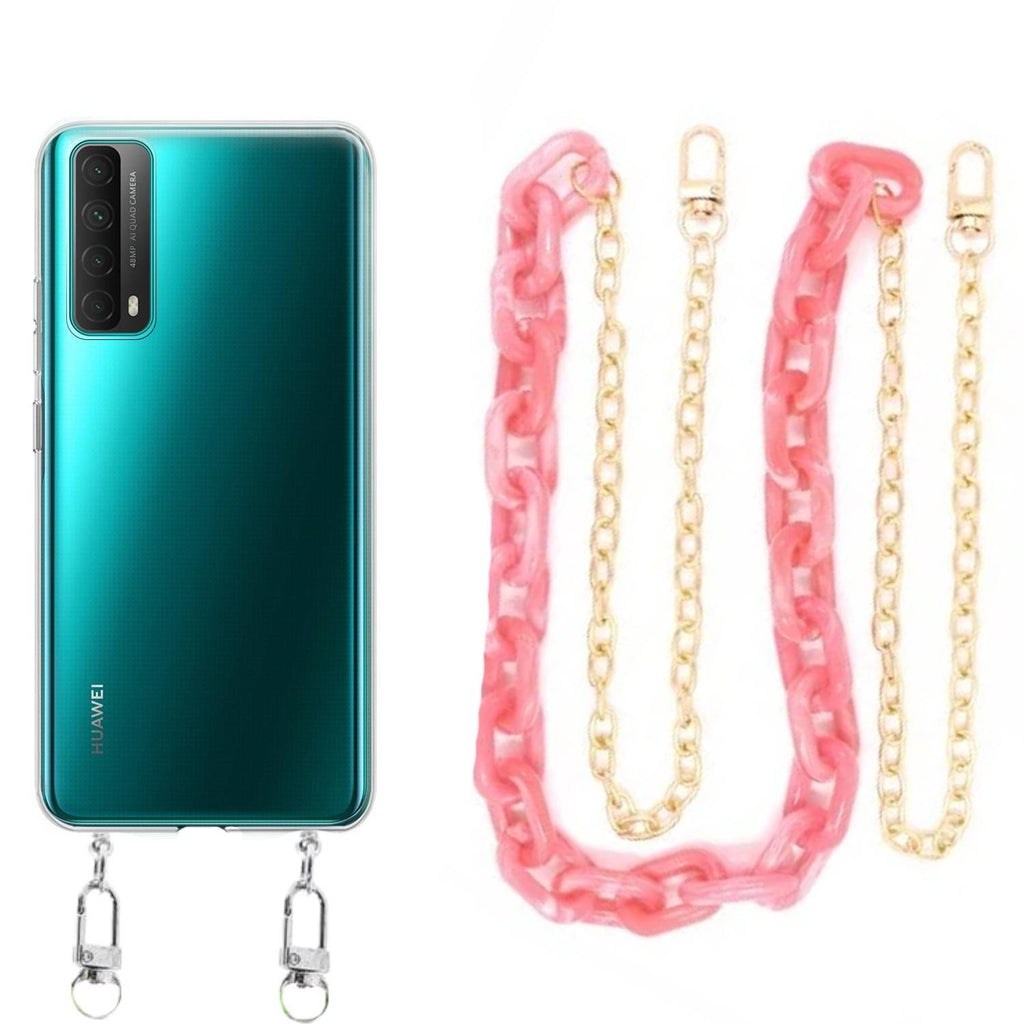 Capa cristal com cordão corrente rosa para Huawei P Smart 2021