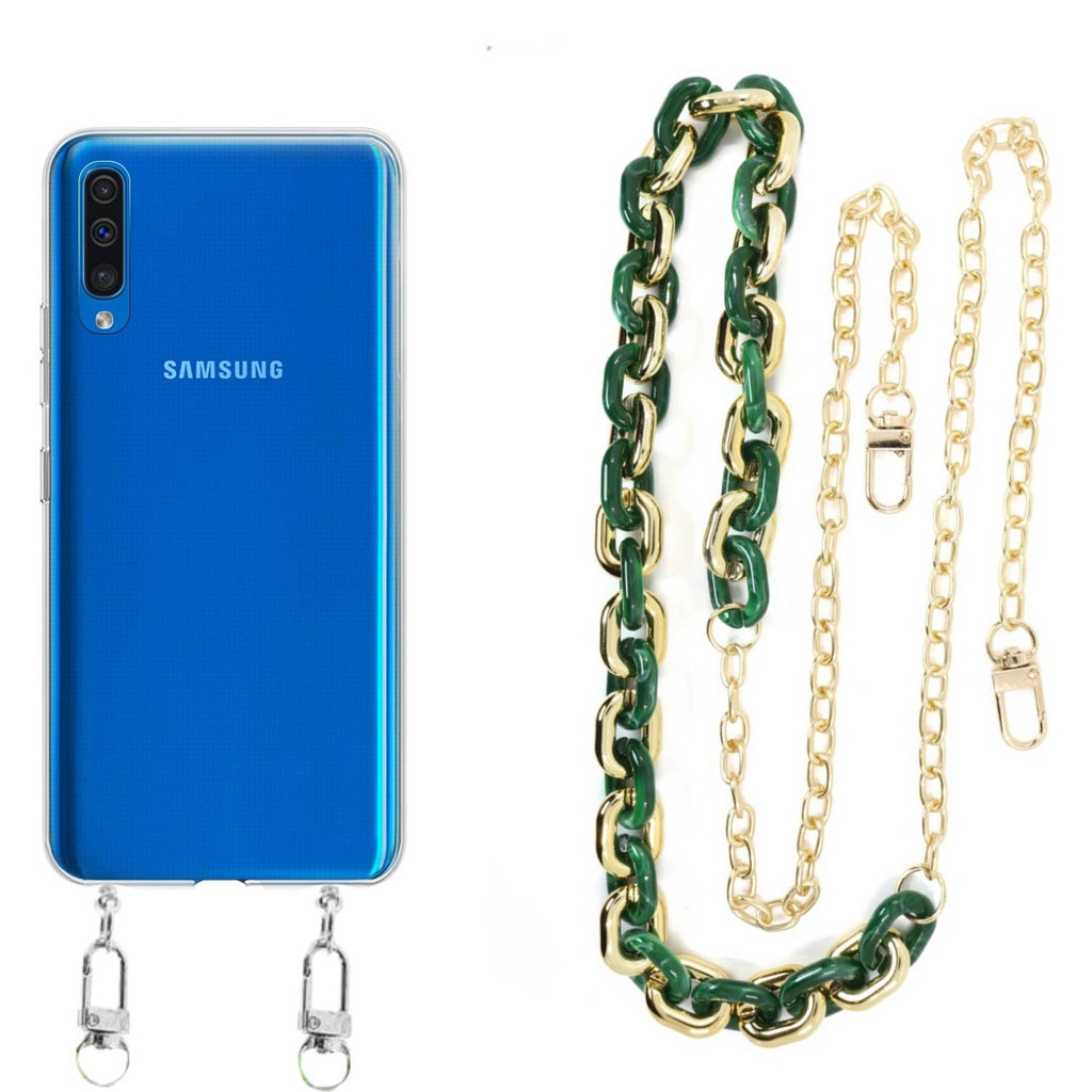 Capa cristal com cordão corrente verde para Samsung Galaxy A50