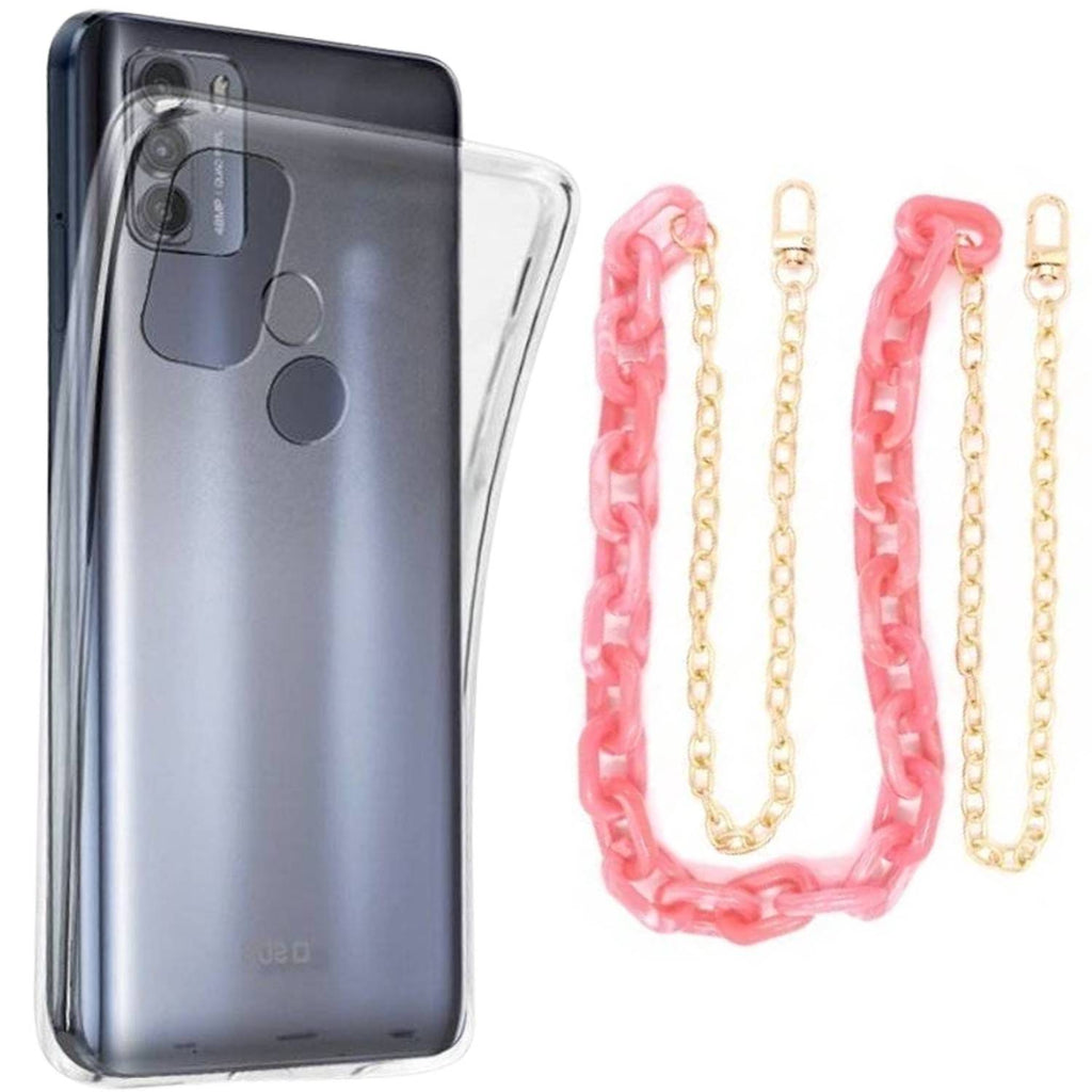 Capa cristal com cordão corrente rosa para Motorola Moto G50