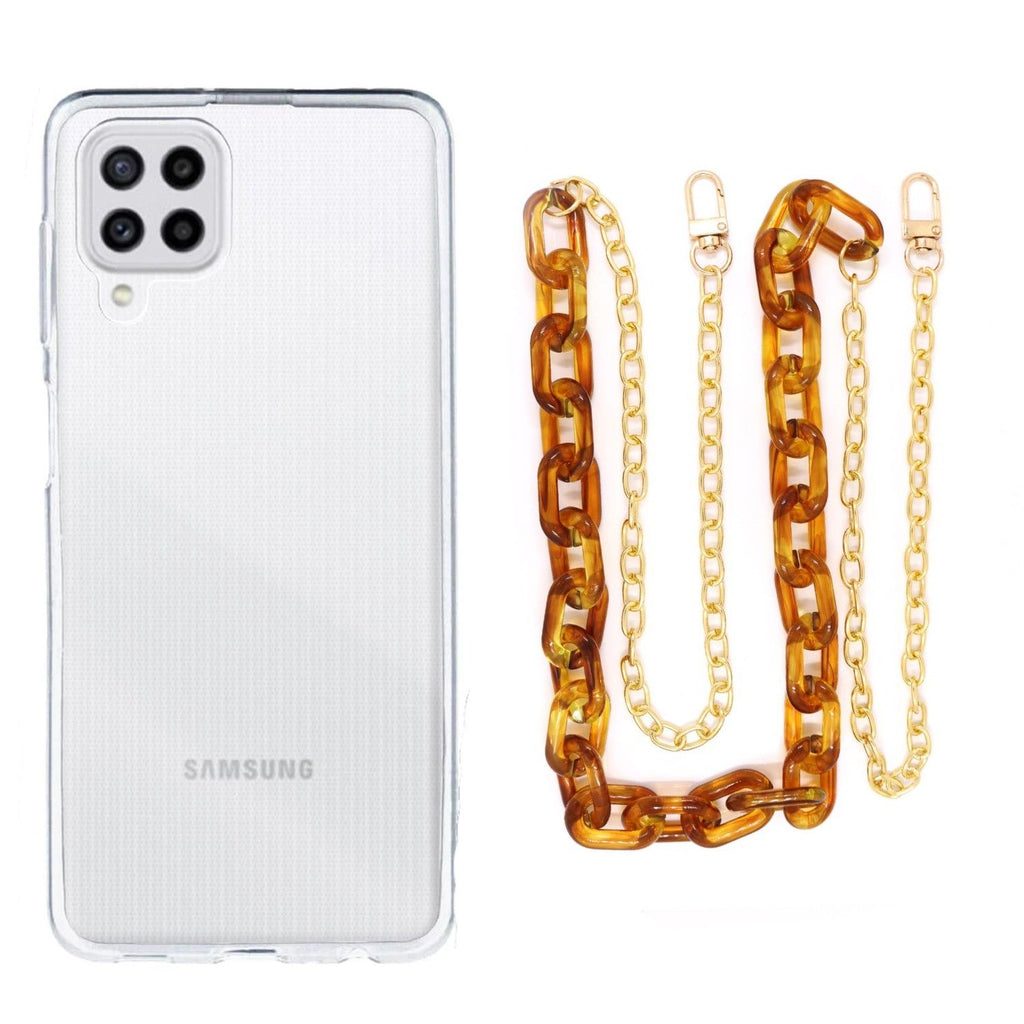 Capa cristal com cordão corrente castanho para Samsung Galaxy M22