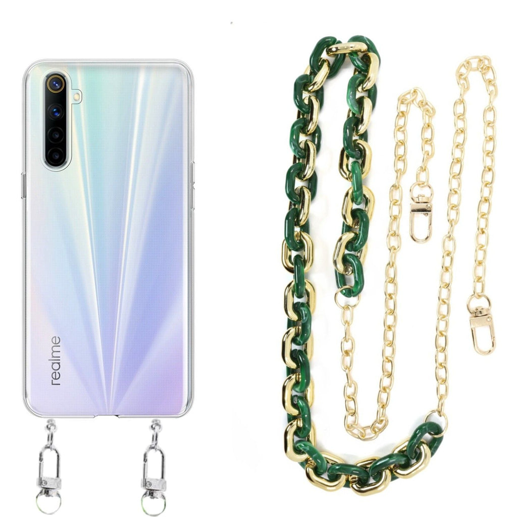 Capa cristal com cordão corrente verde para Realme 6