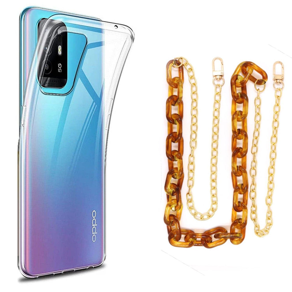 Capa cristal com cordão corrente castanho para Oppo A95 5G