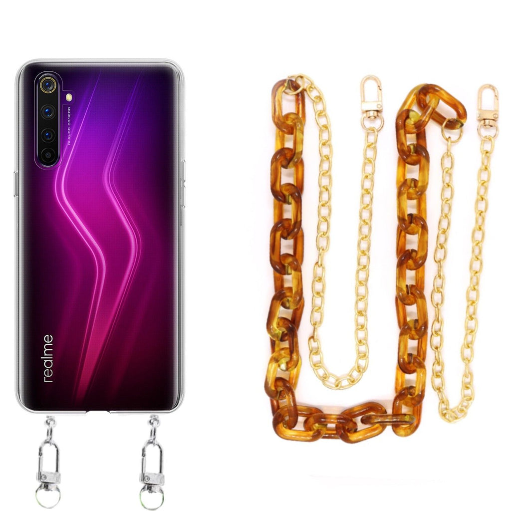 Capa cristal com cordão corrente castanho para Realme 6 Pro