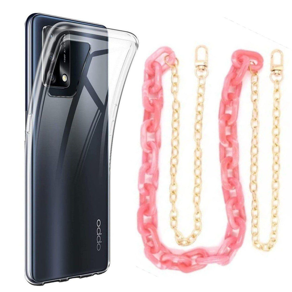 Capa cristal com cordão corrente rosa para Oppo A74