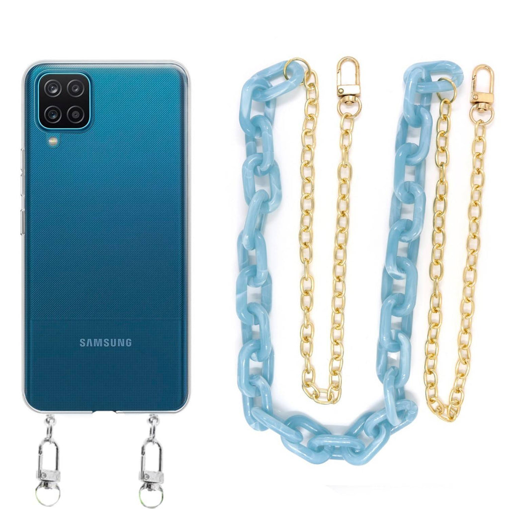 Capa cristal com cordão corrente azul para Samsung Galaxy A12