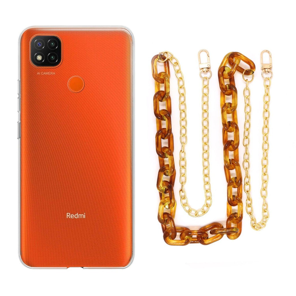 Capa cristal com cordão corrente castanho para Xiaomi Redmi 9C