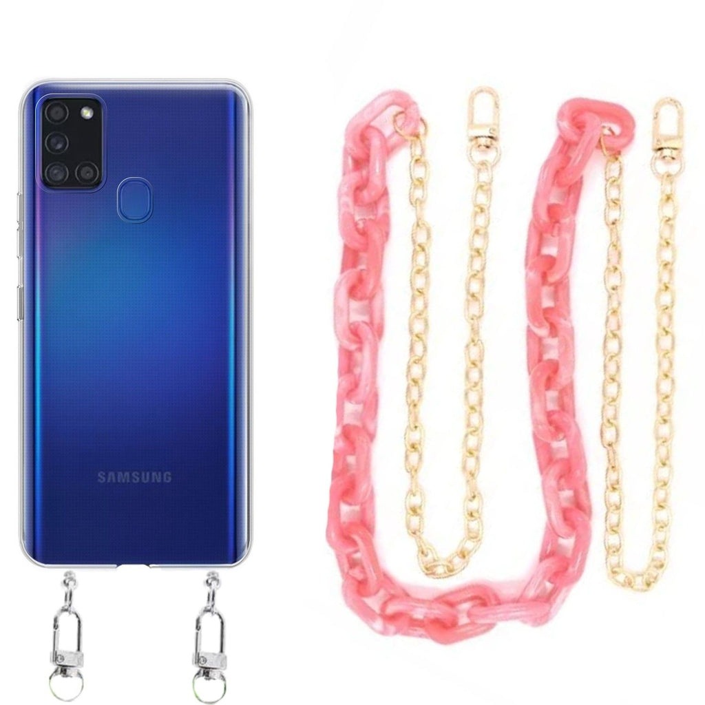 Capa cristal com cordão corrente rosa para Samsung Galaxy A21s