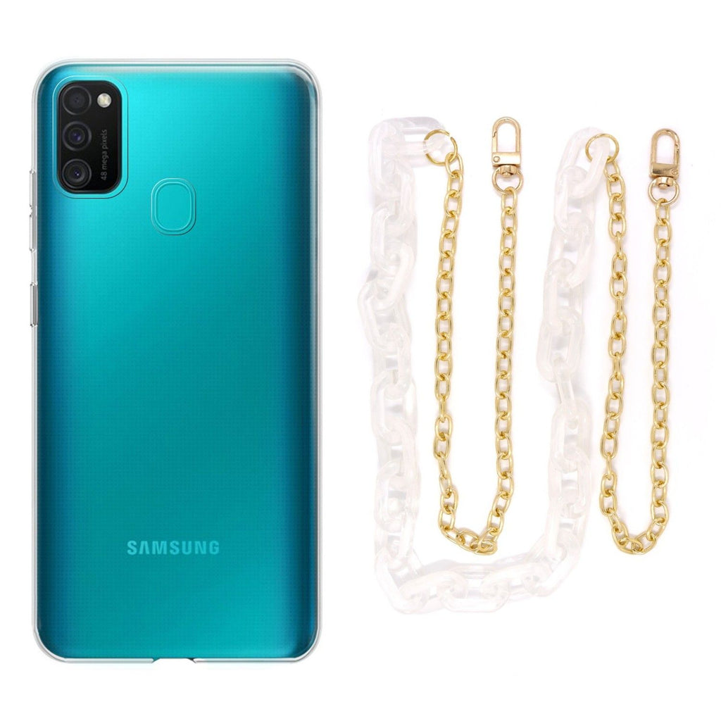 Capa cristal com cordão corrente branco para Samsung Galaxy M21