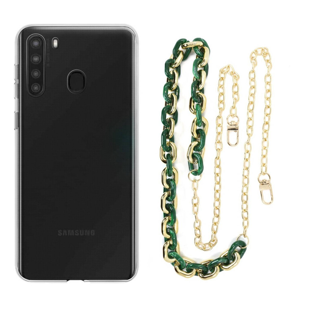 Capa cristal com cordão corrente verde para Samsung Galaxy A21