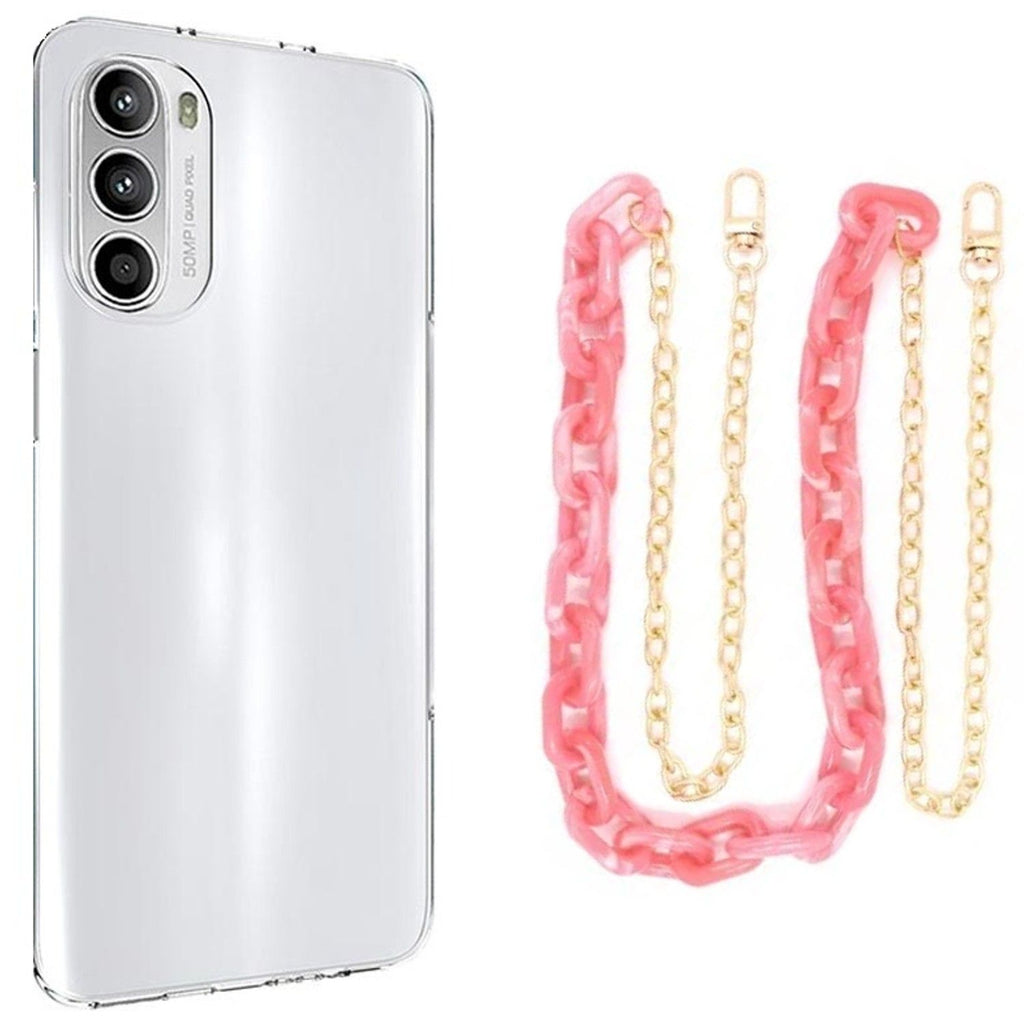 Capa cristal com cordão corrente rosa para Motorola Moto E32