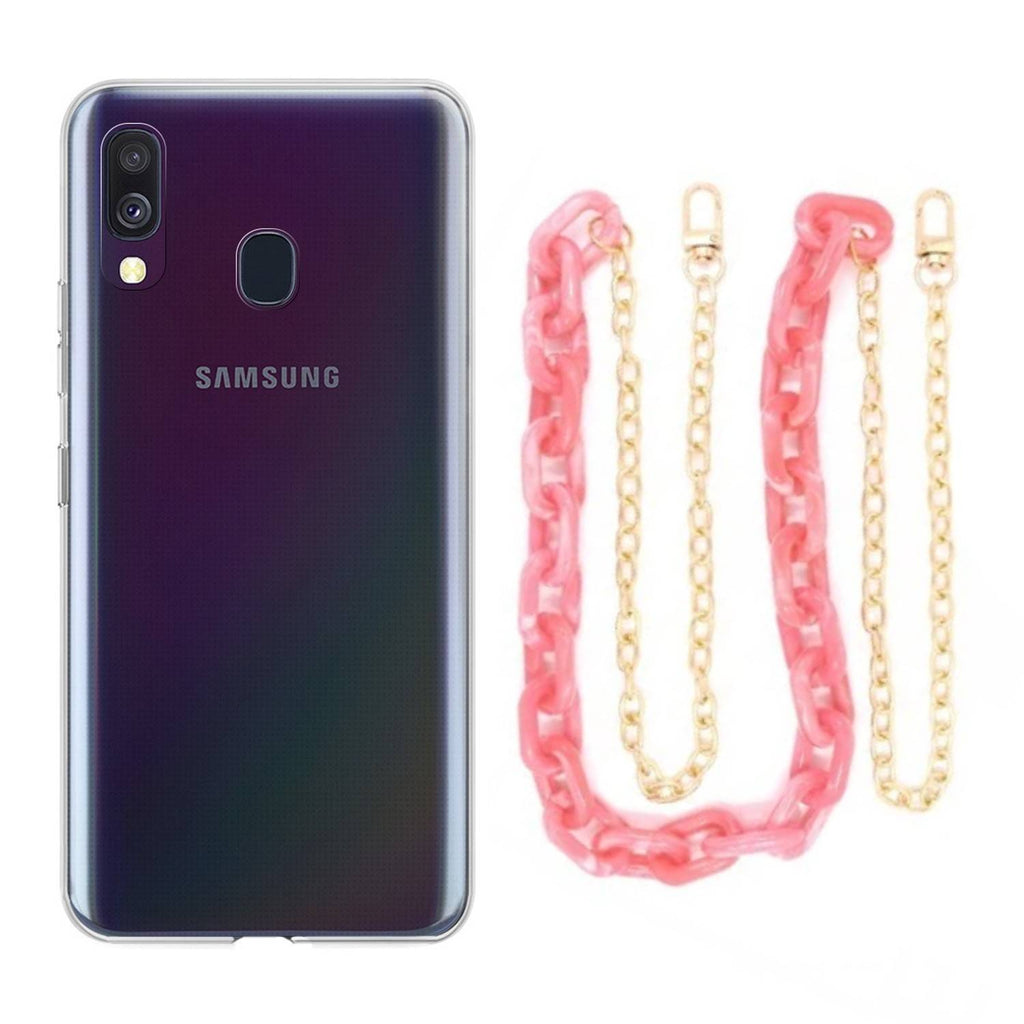 Capa cristal com cordão corrente rosa para Samsung Galaxy A40