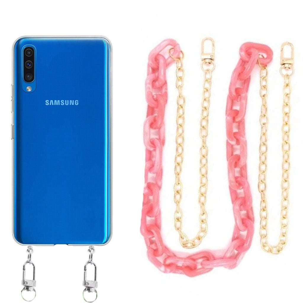 Capa cristal com cordão corrente rosa para Samsung Galaxy A50