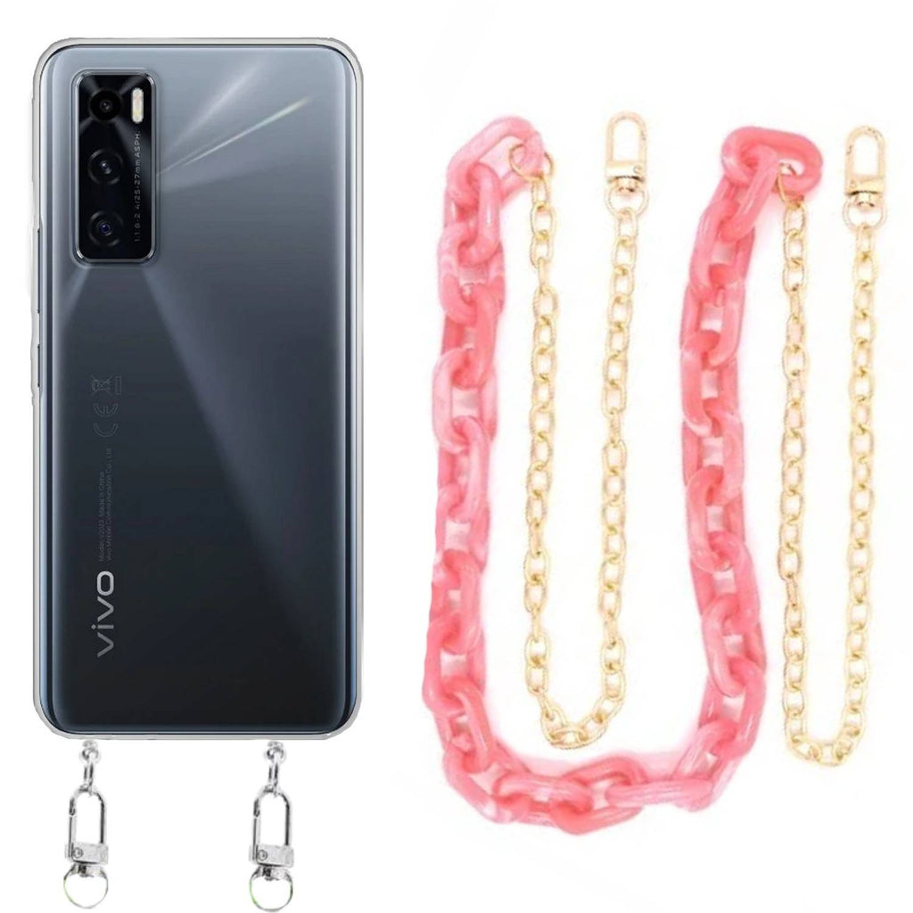 Capa cristal com cordão corrente rosa para Vivo Y70