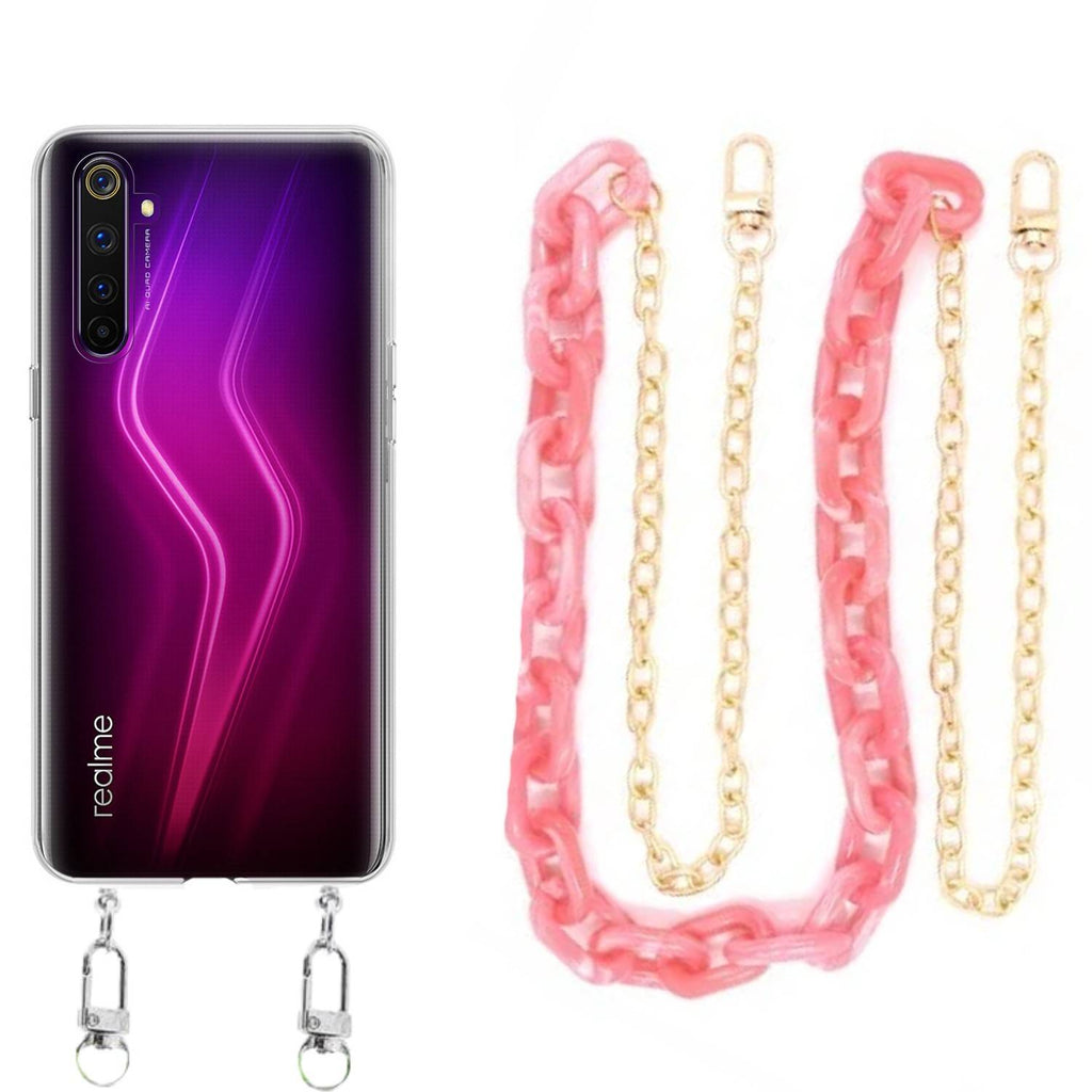 Capa cristal com cordão corrente rosa para Realme 6 Pro