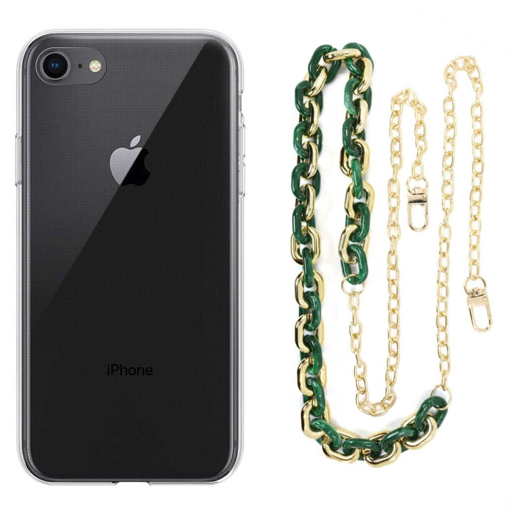 Capa cristal com cordão corrente verde para iPhone 8