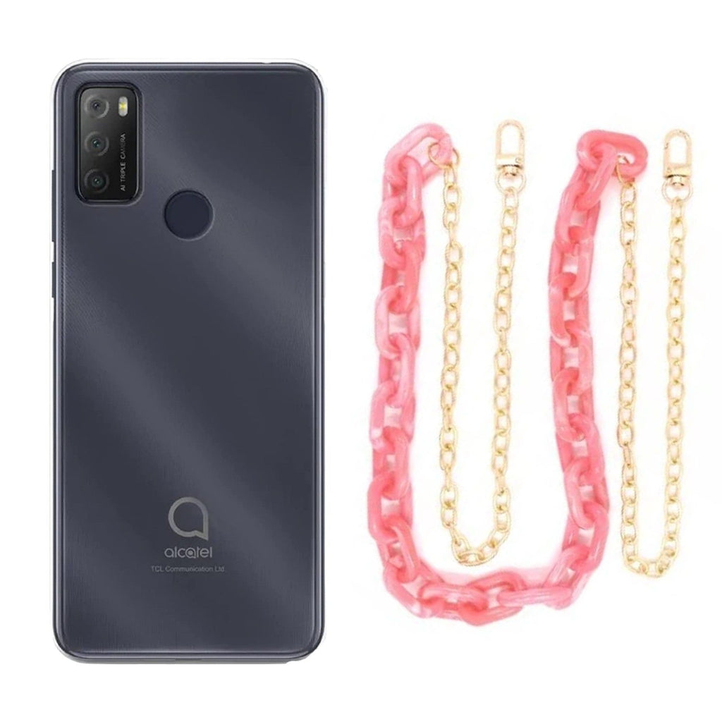 Capa cristal com cordão corrente rosa para Alcatel 3L 2021