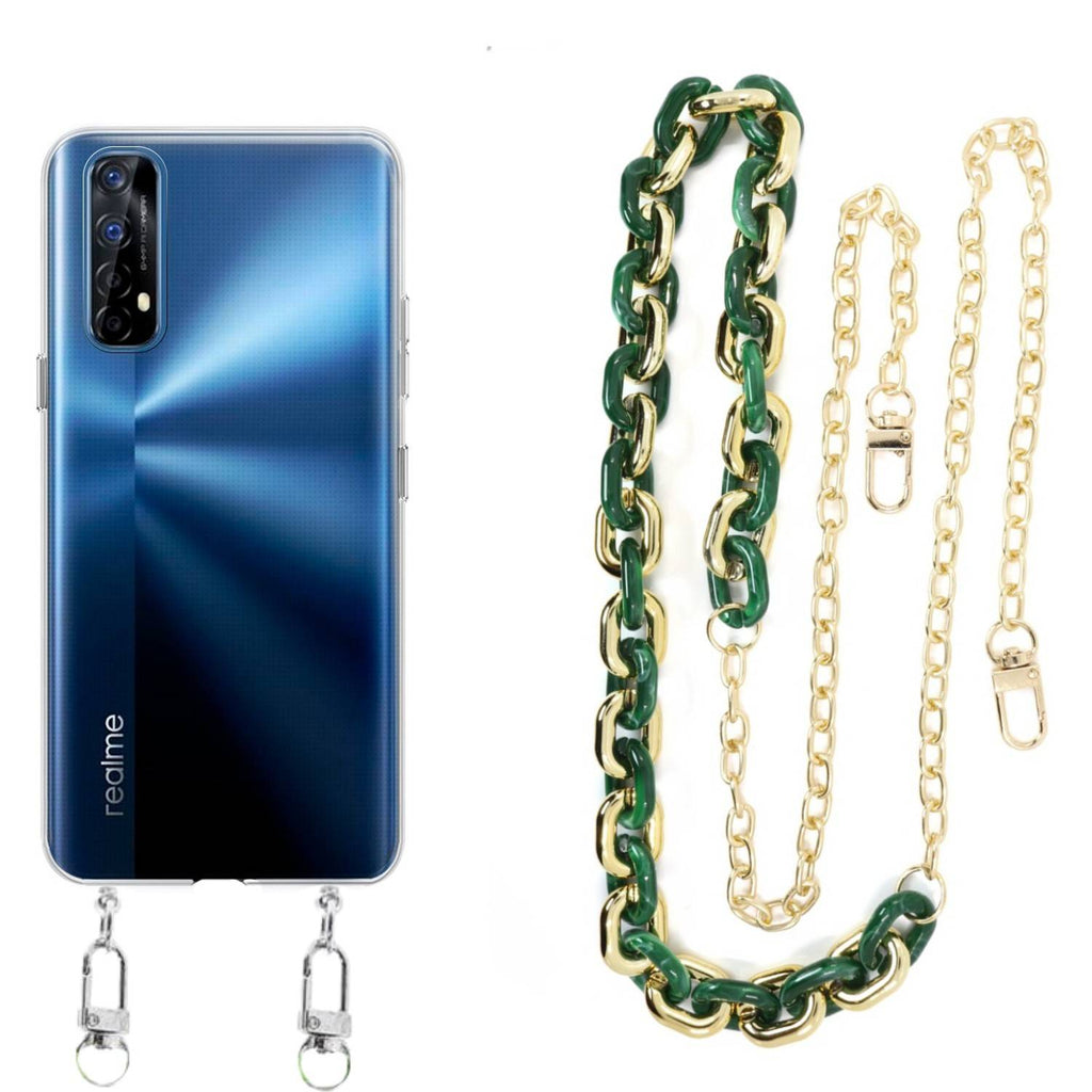 Capa cristal com cordão corrente verde para Realme 7