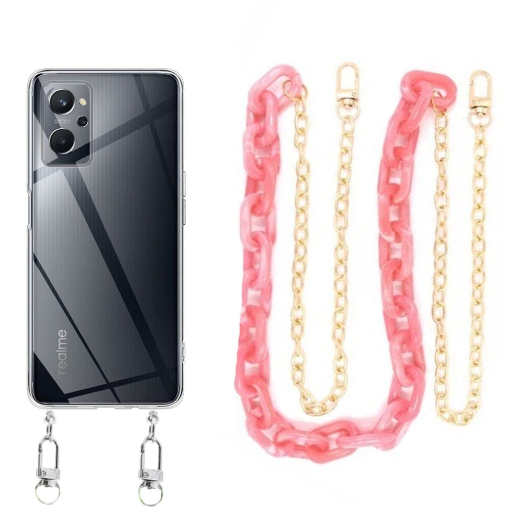 Capa cristal com cordão corrente rosa para Realme 9i