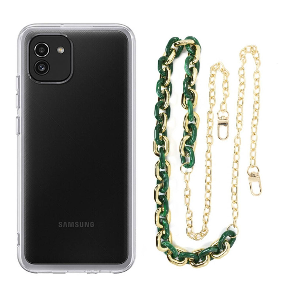 Capa cristal com cordão corrente verde para Samsung Galaxy A03