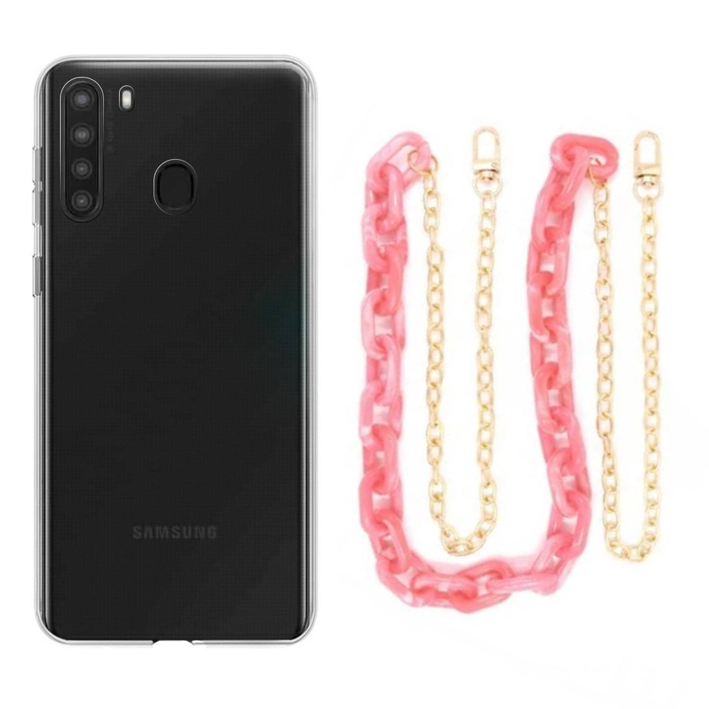 Capa cristal com cordão corrente rosa para Samsung Galaxy A21