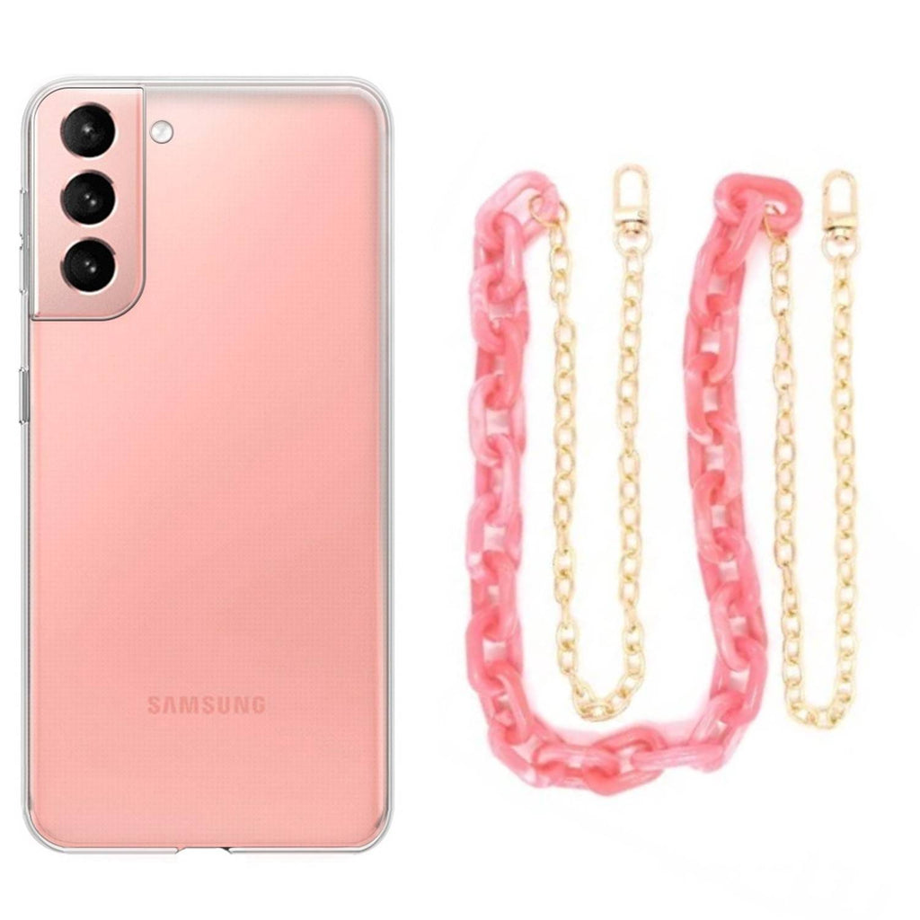 Capa cristal com cordão corrente rosa para Samsung Galaxy S22 Plus